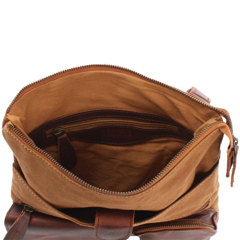 Leconi Umhängetasche Schultertasche Damen Herren Used Look Leder Canvas cognac LE3011 Großer Ausverkauf