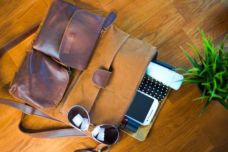 Leconi Umhängetasche Schultertasche Damen Herren Used Look Leder Canvas cognac LE3011 Großer Ausverkauf