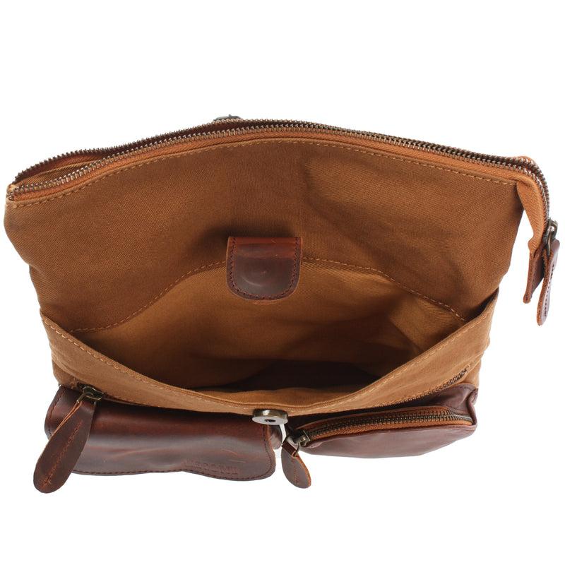 Leconi Umhängetasche Schultertasche Damen Herren Used Look Leder Canvas cognac LE3011 Großer Ausverkauf
