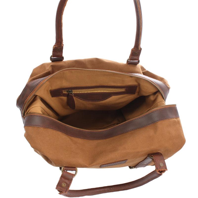 Leconi kleiner Weekender Shopper Damen Herren Leder Canvas cognac LE2006 Preisnachlass