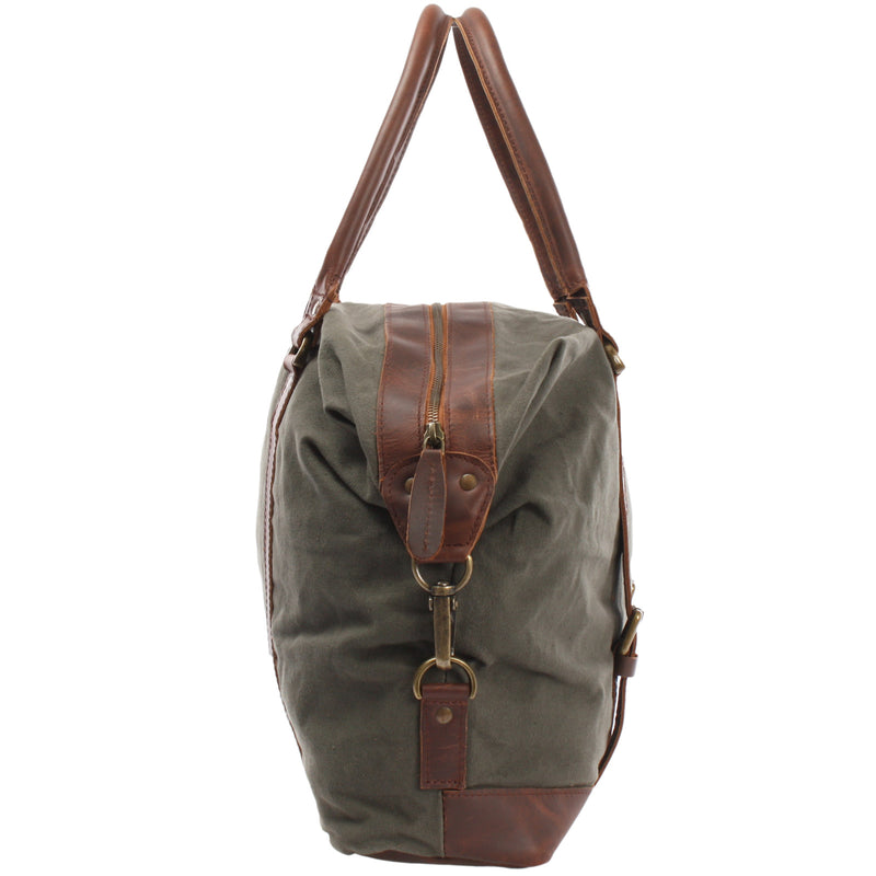 Leconi kleiner Weekender Shopper Damen Herren Leder Canvas grün LE2006 Saisonschlussverkauf