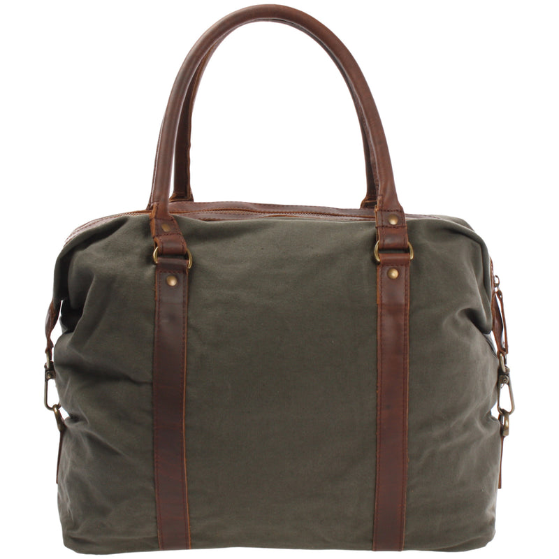 Leconi kleiner Weekender Shopper Damen Herren Leder Canvas grün LE2006 Saisonschlussverkauf