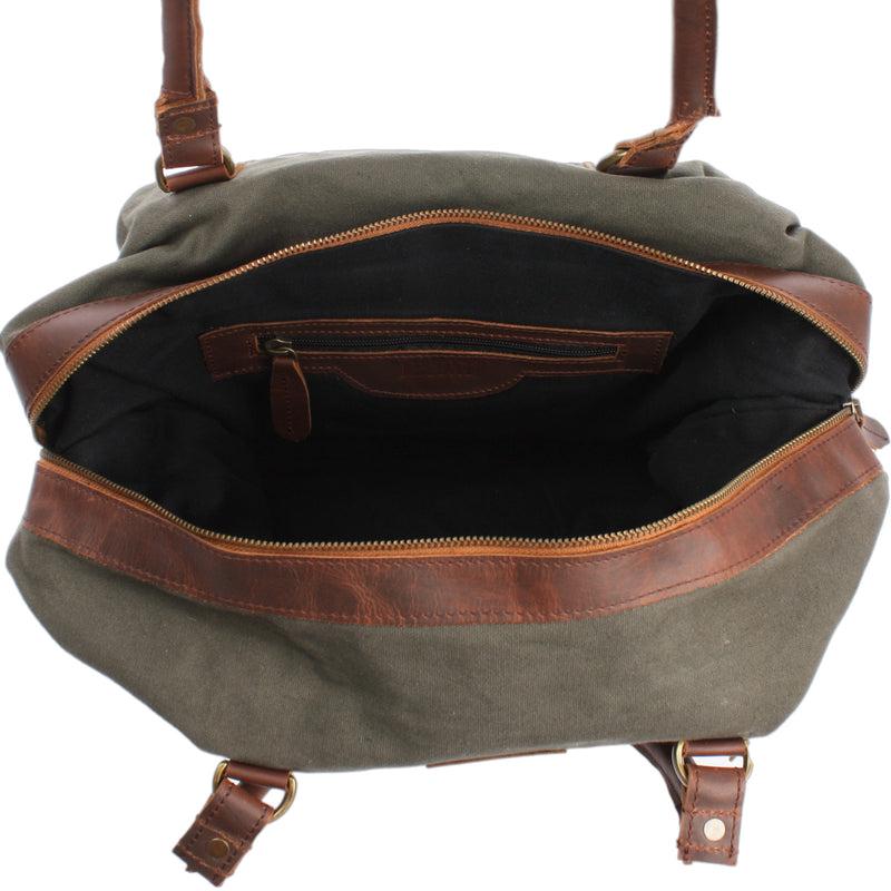 Leconi kleiner Weekender Shopper Damen Herren Leder Canvas grün LE2006 Saisonschlussverkauf