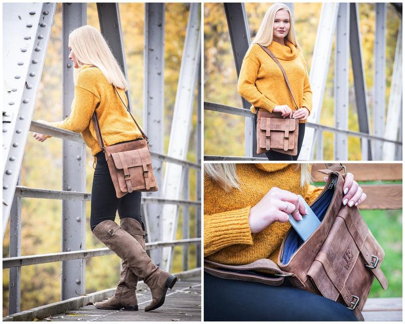 Leconi mittelgroße Umhängetasche Ledertasche Damen Herren Vintage Leder braun LE3036 Exklusive Angebote