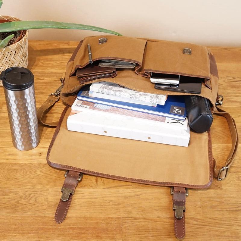 Leconi Messenger Bag Din A4 Kuriertasche Leder Canvas cognac LE3018 Neuheiten