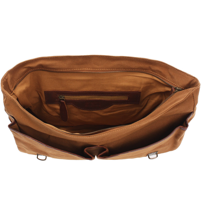 Leconi Messenger Bag Din A4 Kuriertasche Leder Canvas cognac LE3018 Neuheiten