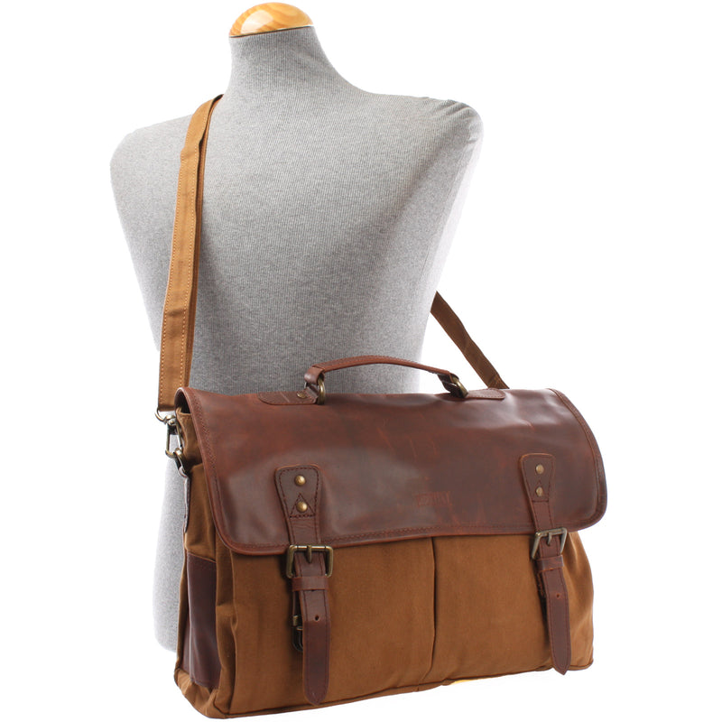 Leconi Messenger Bag Din A4 Kuriertasche Leder Canvas cognac LE3018 Neuheiten