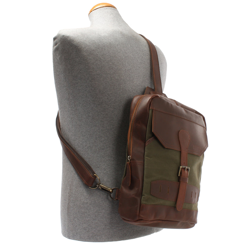Leconi Freizeitrucksack Crossbag Rucksack Damen Herren Leder Canvas grün LE1012 Kauf eins, bekomm eins gratis