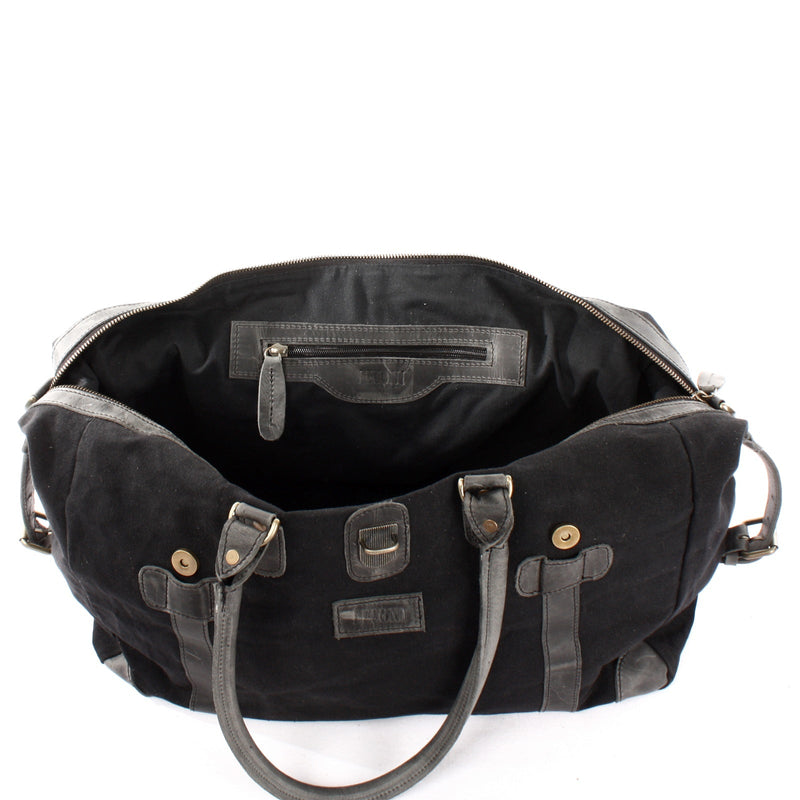 Leconi kleiner Weekender Handgepäck Damen Herren Leder Canvas schwarz LE2008 Sonderangebote