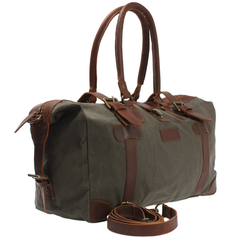 Leconi kleiner Weekender Handgepäck Damen Herren Leder Canvas grün LE2008 Wochenangebot