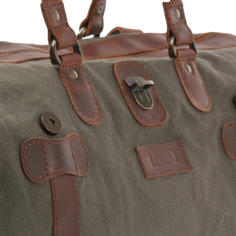 Leconi kleiner Weekender Handgepäck Damen Herren Leder Canvas grün LE2008 Wochenangebot