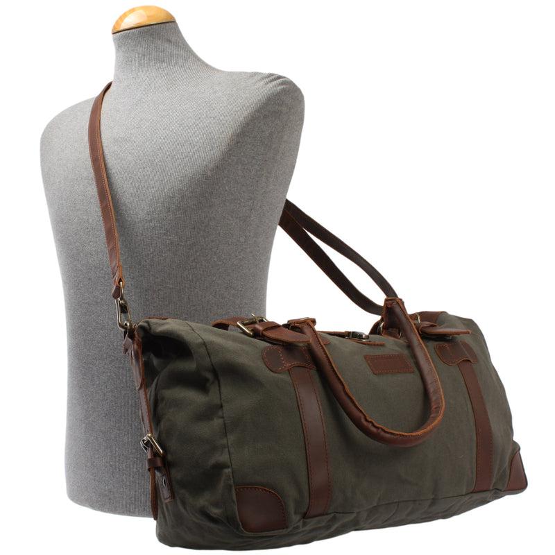 Leconi kleiner Weekender Handgepäck Damen Herren Leder Canvas grün LE2008 Wochenangebot