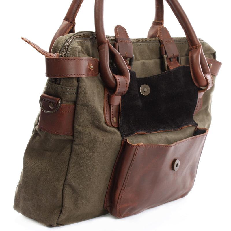 Leconi Schultertasche Henkeltasche Damentasche Handtasche Leder Canvas grün LE0050 Letzter Tag