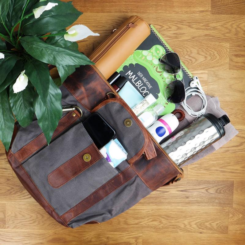 Leconi Henkeltasche Schultertasche Canvas Leder grau LE0043 Zeitbegrenzte Promotion