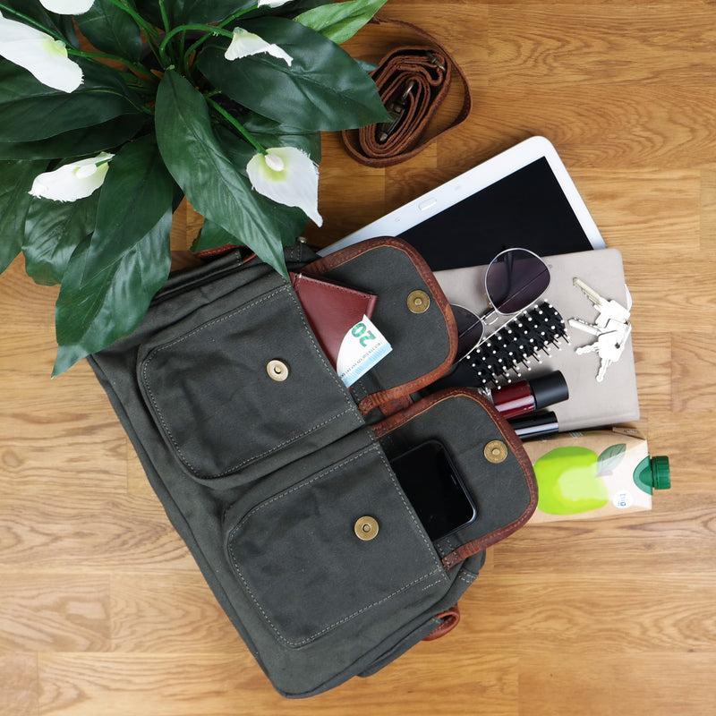 Leconi Henkeltasche Damentasche Canvas Leder grün LE0042 Bis zu 50% Rabatt