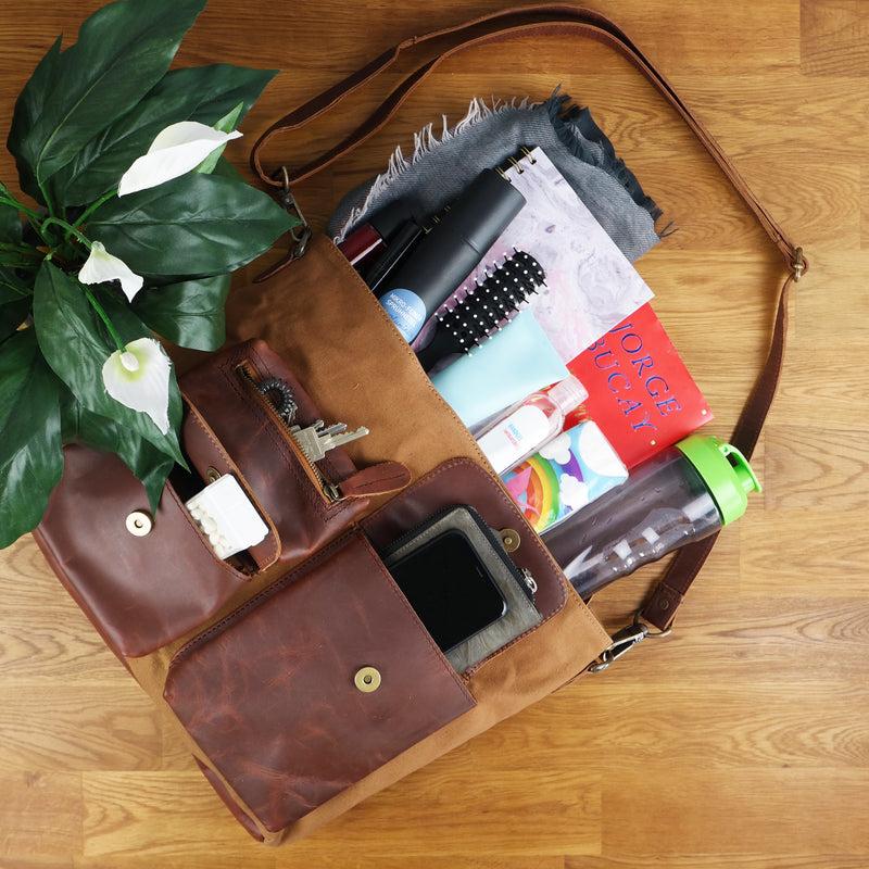 Leconi Schultertasche Umhängetasche Ledertasche Canvas Leder cognac LE0039 Bis zu 60% Rabatt