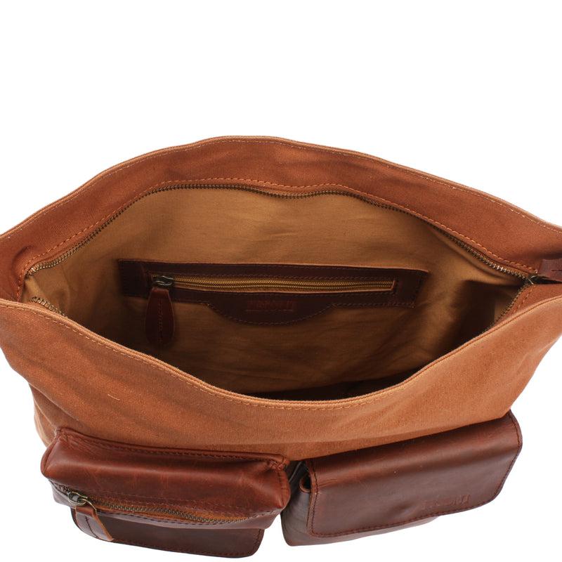 Leconi Schultertasche Umhängetasche Ledertasche Canvas Leder cognac LE0039 Bis zu 60% Rabatt