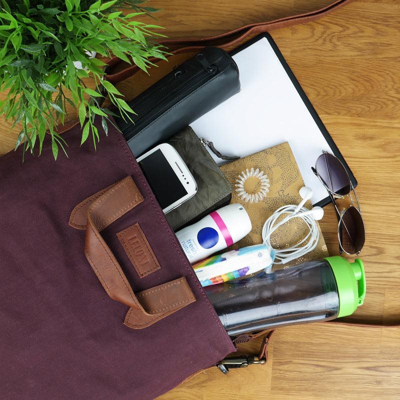Leconi Shopper Henkeltasche Damen Canvas Leder bordeaux LE0037 Nur für heute