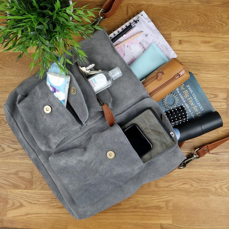 Leconi Schultertasche Umhängetasche Ledertasche Veloursleder grau LE0039 Vierteljährliche Förderung