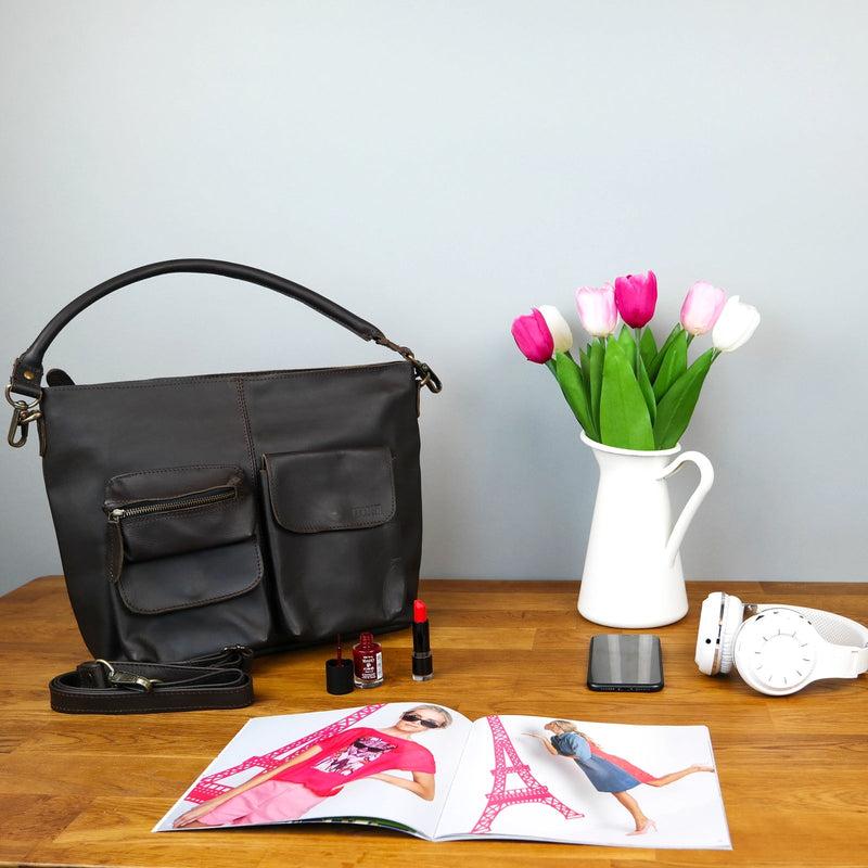 Leconi Schultertasche Umhängetasche Ledertasche Leder dunkelbraun LE0039 Super Rabatt