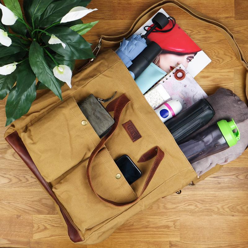 Leconi Shopper Beuteltasche Damentasche Canvas Leder cognac LE0040 Kostenloser Versand international
