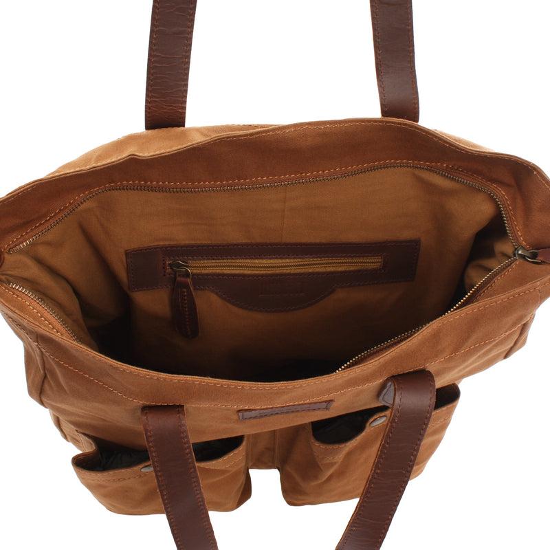 Leconi Shopper Beuteltasche Damentasche Canvas Leder cognac LE0040 Kostenloser Versand international