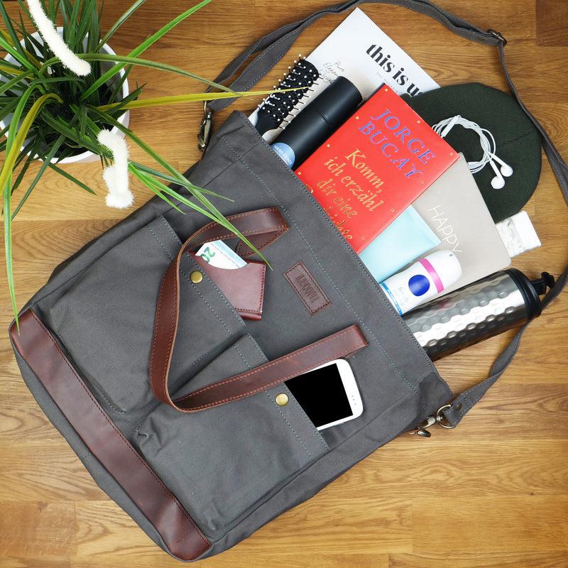 Leconi Shopper Beuteltasche Damentasche Canvas Leder grau LE0040 Fabrikladen