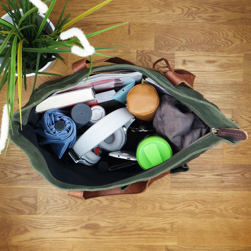 Leconi Shopper Beuteltasche Damentasche Canvas Leder grün LE0040 Begrenzt auf 3 Tage