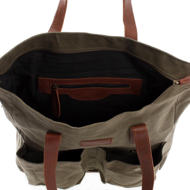 Leconi Shopper Beuteltasche Damentasche Canvas Leder grün LE0040 Begrenzt auf 3 Tage