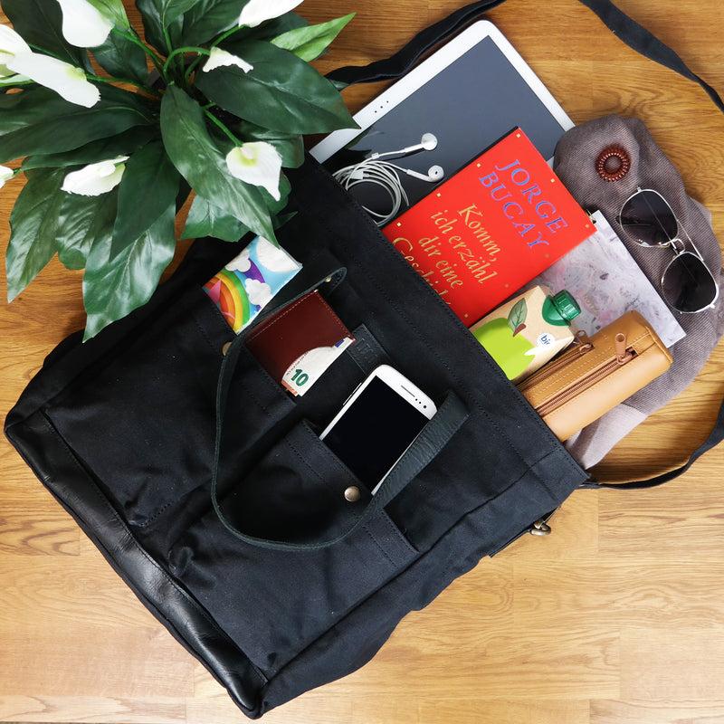 Leconi Shopper Beuteltasche Damentasche Canvas Leder schwarz LE0040 Speichern exportieren