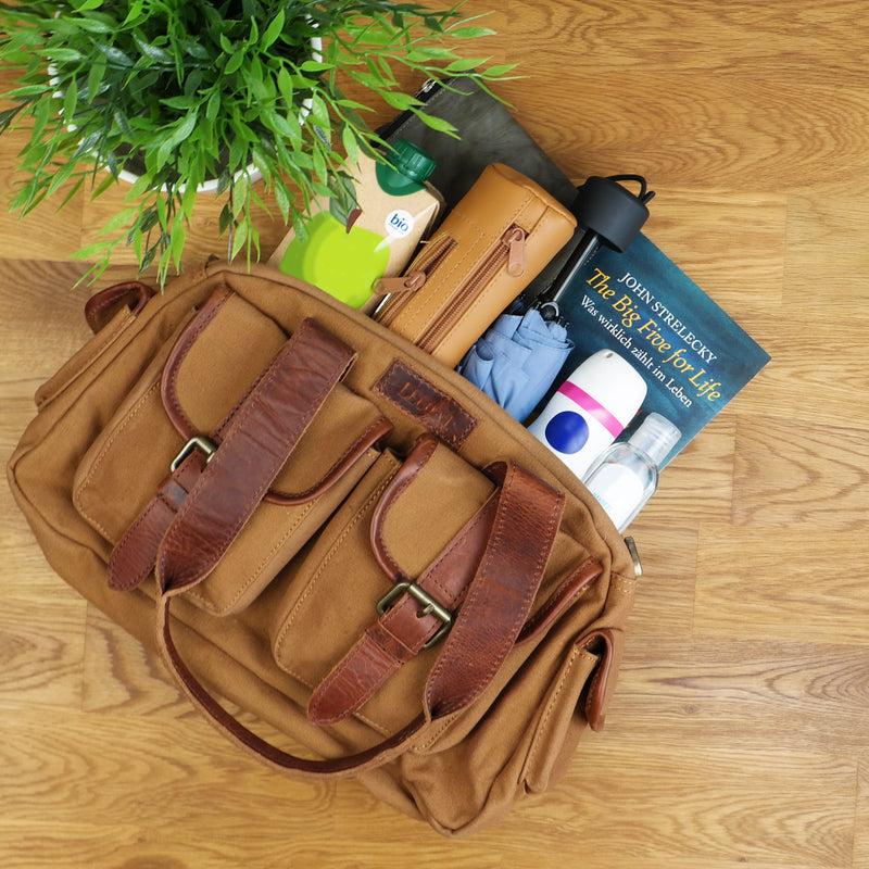 Leconi Henkeltasche Schultertasche Canvas Leder cognac LE0042 Black Friday Preise