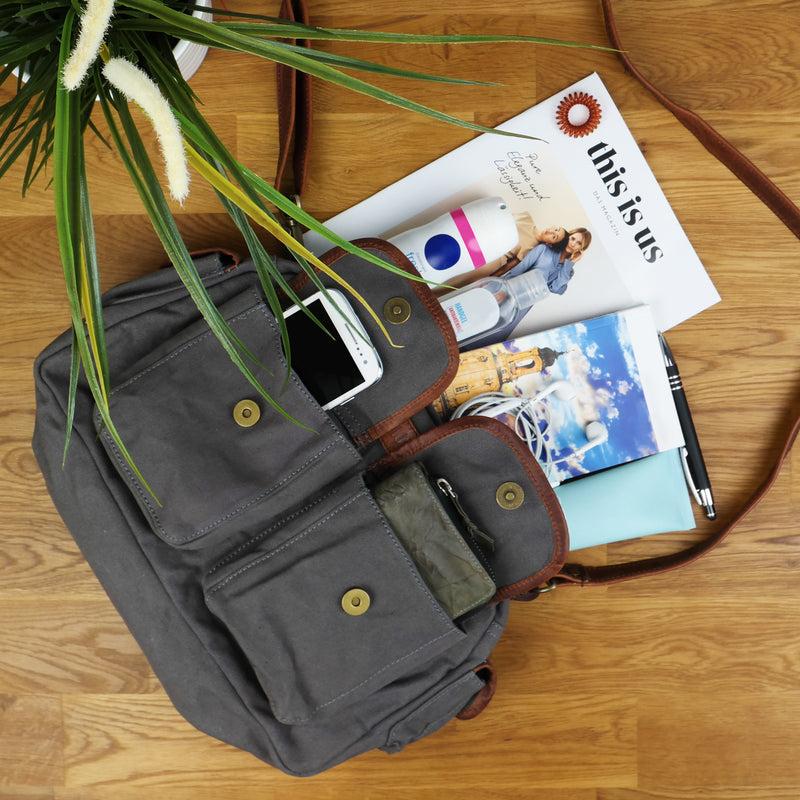 Leconi Schultertasche Damentasche Canvas Leder grau LE0042 Im Verkauf