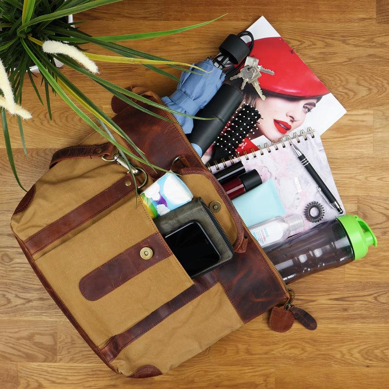 Leconi Henkeltasche Damentasche Canvas Leder cognac LE0043 zollfrei