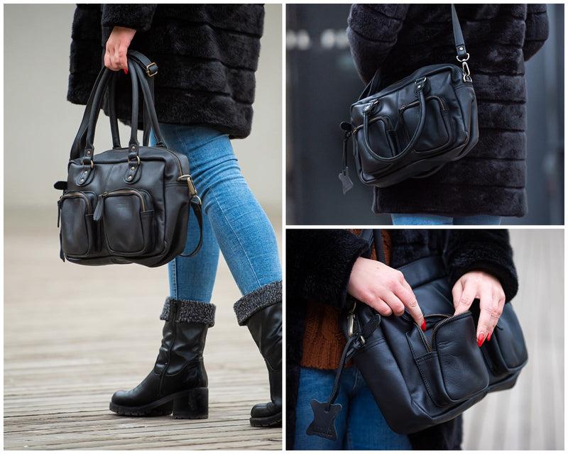 Leconi Schultertasche Handtasche Henkeltasche Damen Leder schwarz LE0046 Outlet
