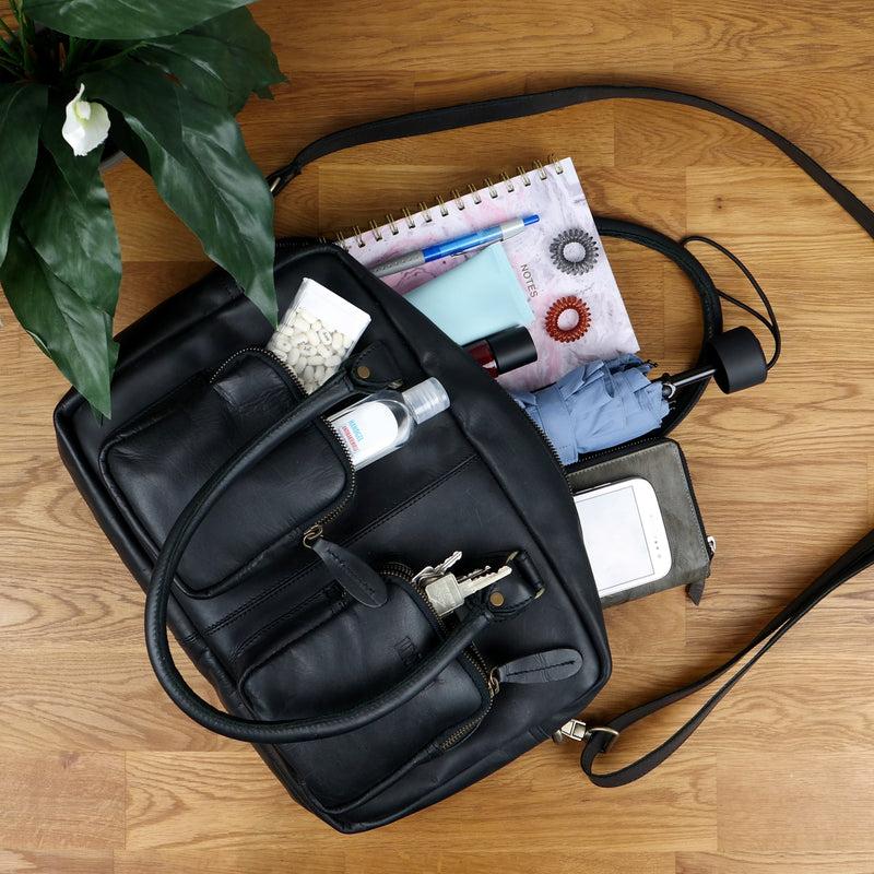 Leconi Schultertasche Handtasche Henkeltasche Damen Leder schwarz LE0046 Outlet