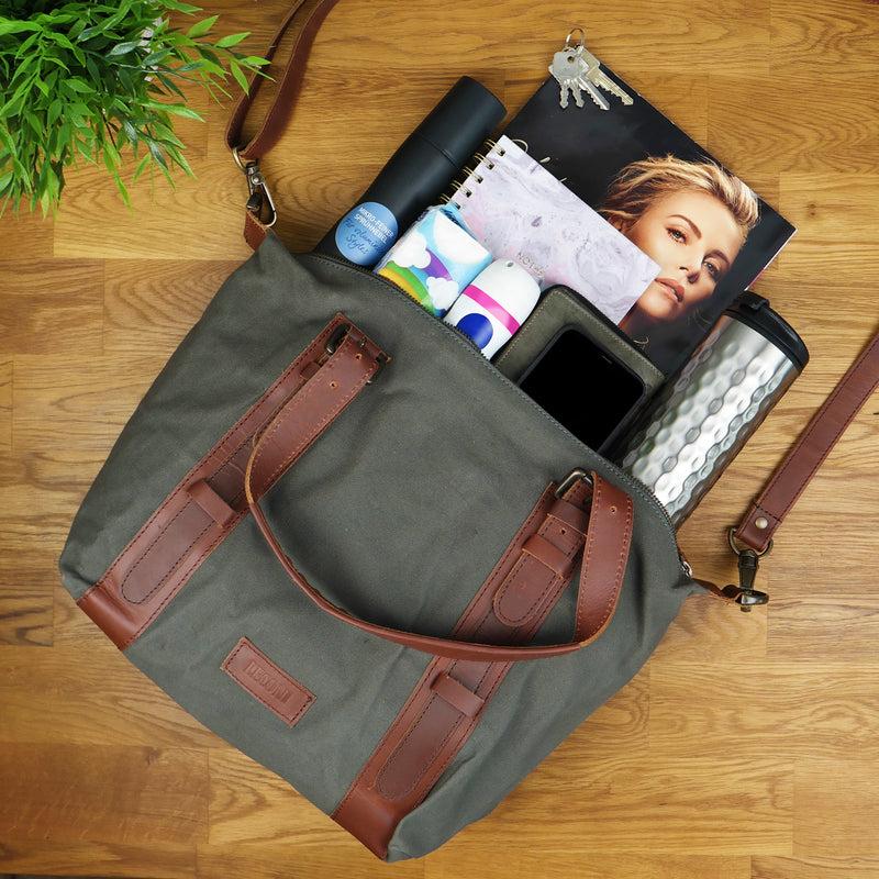 Leconi Schultertasche Henkeltasche Handtasche Leder Canvas grau LE0049 Auslauf
