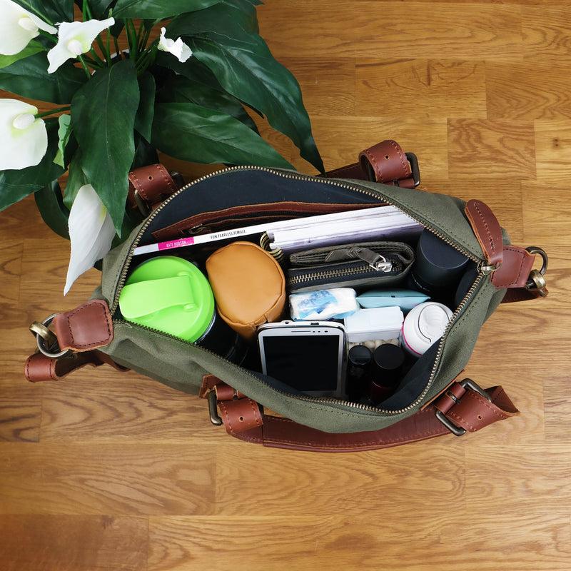 Leconi Schultertasche Henkeltasche Handtasche Leder Canvas grün LE0049 Verkauf
