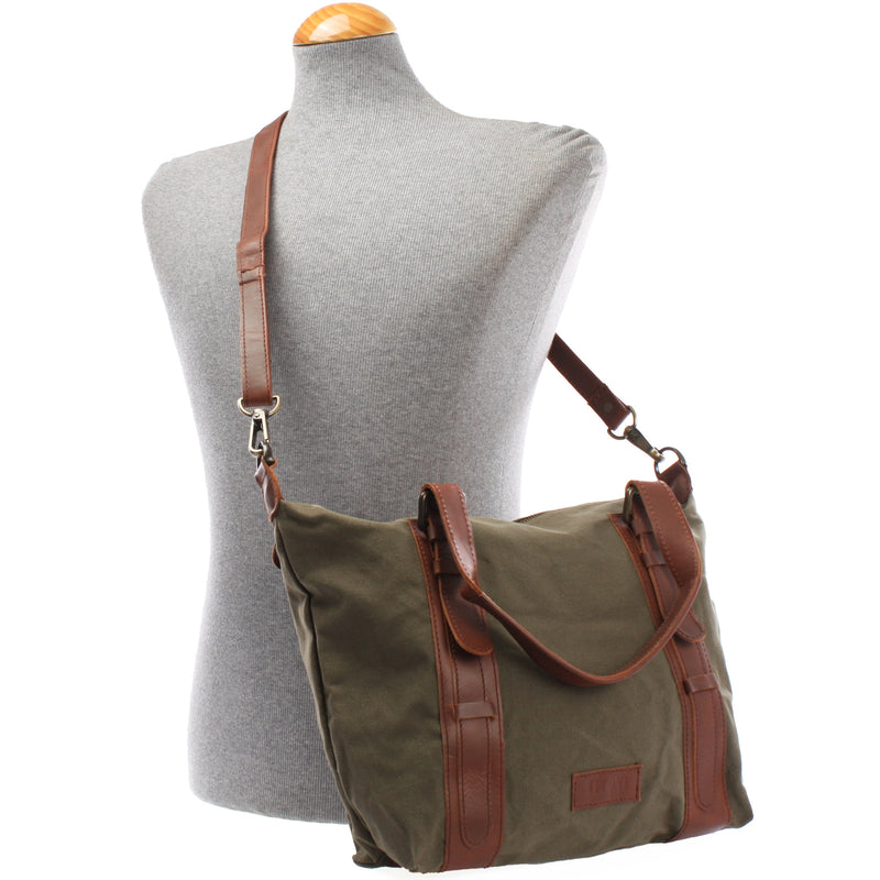 Leconi Schultertasche Henkeltasche Handtasche Leder Canvas grün LE0049 Verkauf