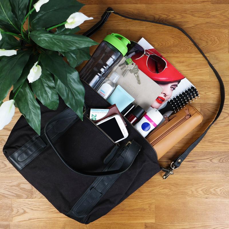 Leconi Schultertasche Henkeltasche Handtasche Leder Canvas schwarz LE0049 Angebote