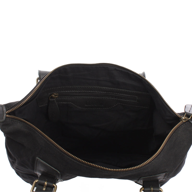 Leconi Schultertasche Henkeltasche Handtasche Leder Canvas schwarz LE0049 Angebote