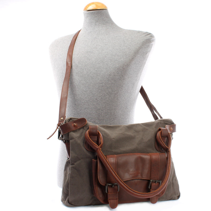 Leconi Schultertasche Henkeltasche Damentasche Handtasche Leder Canvas grau LE0050 im Angebot