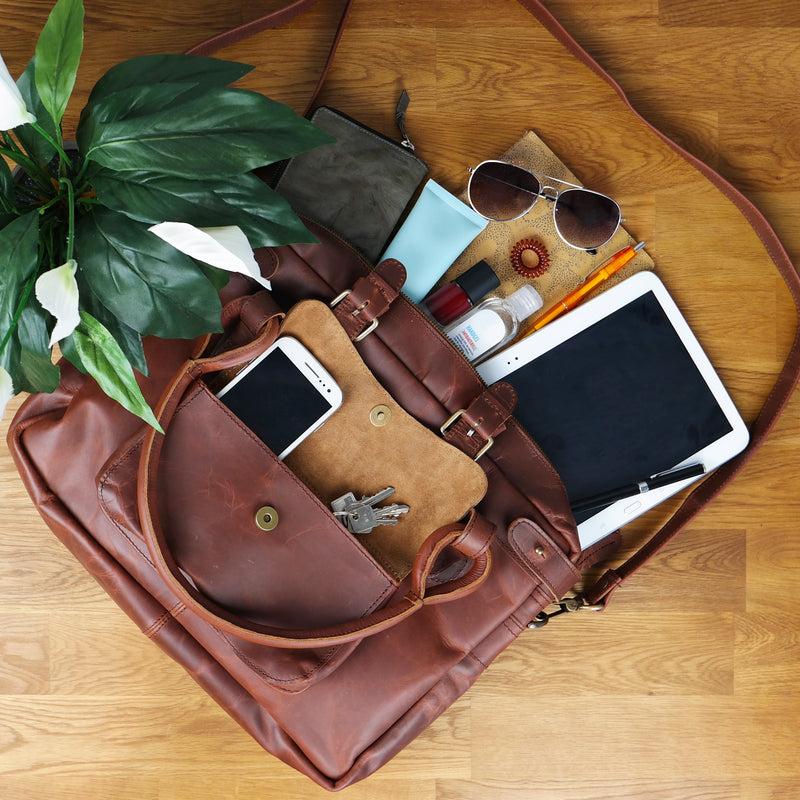 Leconi Schultertasche Henkeltasche Damentasche Handtasche Leder braun LE0050 Schlussverkauf