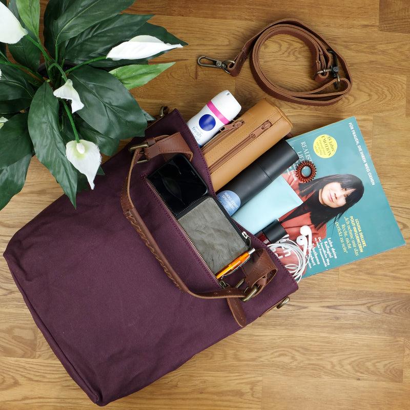 Leconi Schultertasche Umhängetasche Henkeltasche Shopper Damentasche Canvas Leder bordeaux LE0054 Blitzverkäufe
