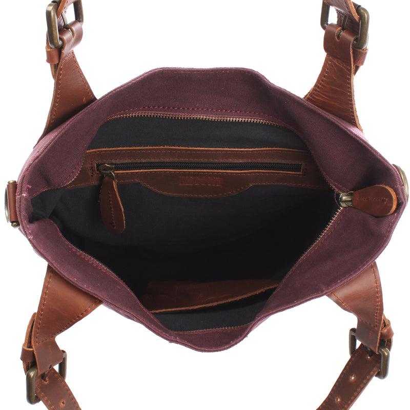 Leconi Schultertasche Umhängetasche Henkeltasche Shopper Damentasche Canvas Leder bordeaux LE0054 Blitzverkäufe