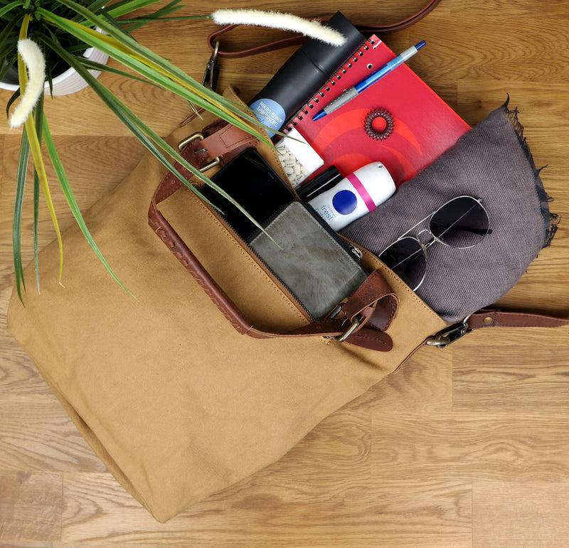 Leconi Schultertasche Umhängetasche Henkeltasche Shopper Damentasche Canvas Leder cognac LE0054 Kostenloser Versand