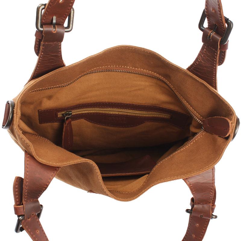 Leconi Schultertasche Umhängetasche Henkeltasche Shopper Damentasche Canvas Leder cognac LE0054 Kostenloser Versand