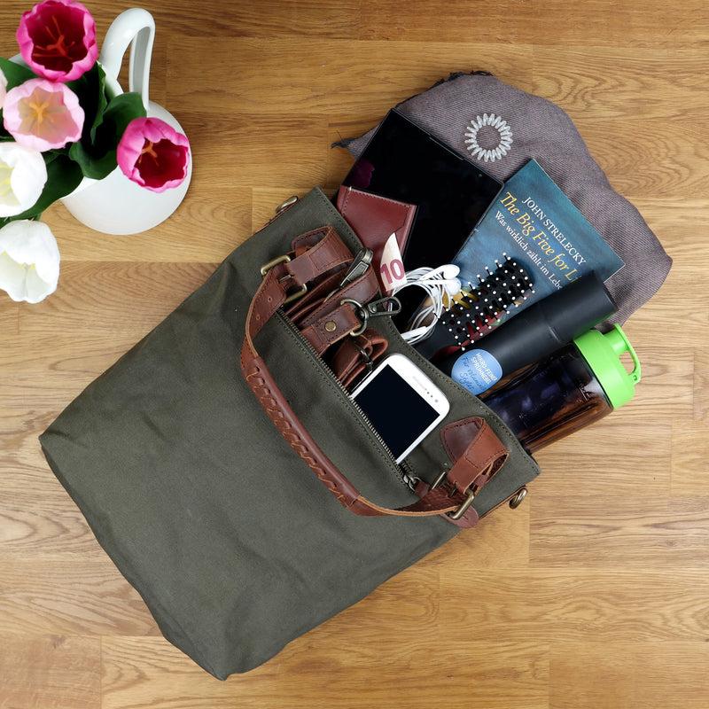 Leconi Schultertasche Umhängetasche Henkeltasche Shopper Damentasche Canvas Leder grün LE0054 Fabrik Onlineshop