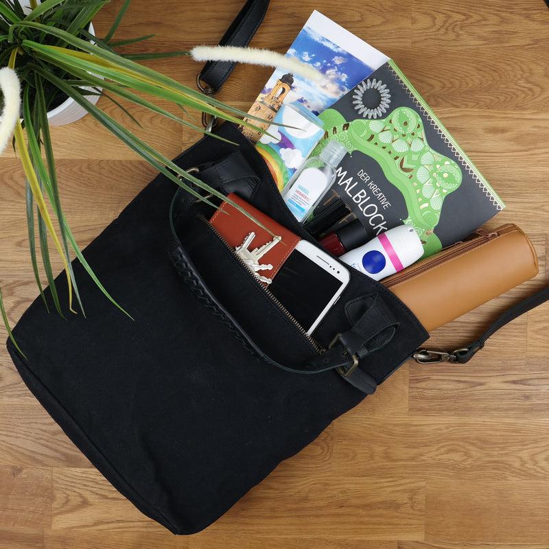 Leconi Schultertasche Umhängetasche Henkeltasche Shopper Damentasche Canvas Leder schwarz LE0054 Fabrikpreis