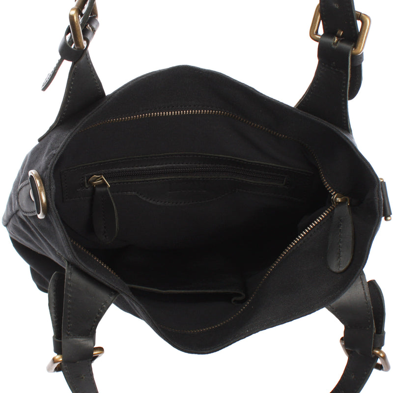 Leconi Schultertasche Umhängetasche Henkeltasche Shopper Damentasche Canvas Leder schwarz LE0054 Fabrikpreis