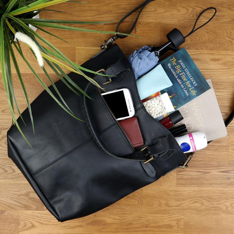 Leconi Umhängetasche Schultertasche Henkeltasche Damentasche Leder schwarz LE0054 Günstig kaufen